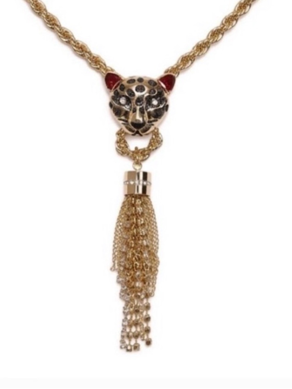 NWT ⚜️🖤⚜️ Betsey Johnson Gold-Tone Leopard Head Tassel Pendant Necklace